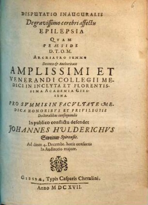 Disputatio Inauguralis De gravissimo cerebri affectu Epilepsia