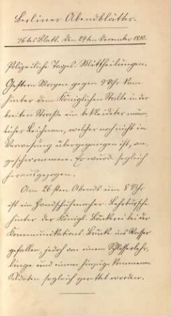 76tes Blatt. Den 29ten December 1810. [handschriftlich, lithographiert]