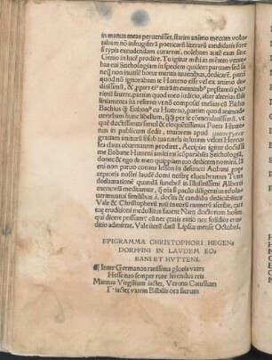 Epigramma Christophori Hegendorffini In Lavdem Eobani Et Hvtteni.