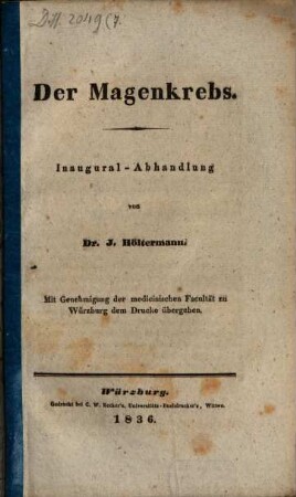 Der Magenkrebs : Inaugural-Abhandlung