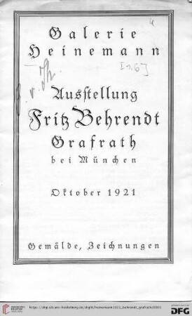 Ausstellung Fritz Behrendt Grafrath bei München : Oktober 1921 : Gemälde, Zeichnungen