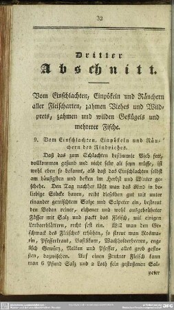 Dritter Abschnitt. Vom Einschlachten, Einpökeln und Räuchern aller Fleischarten, zahmen Viehes und Wildprets, zahmen und wilden Geflügels und mehrerer Fische