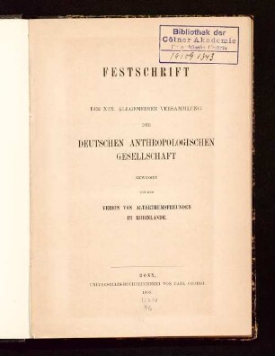 Festschrift der XIX. allgemeinen Versammlung der Deutschen Anthropologischen Gesellschaft