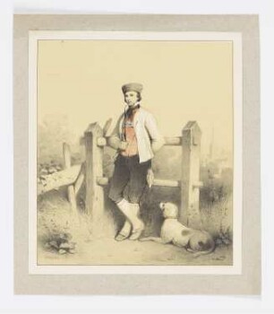 Junger Mann in Tracht mit Pfeife und Hund