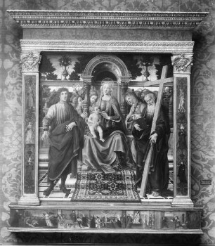 Thronende Maria mit dem Kind, zwei Engeln und zwei Heiligen