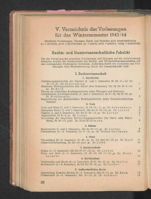 V. Verzeichnis der Vorlesungen für das Wintersemester 1943/44
