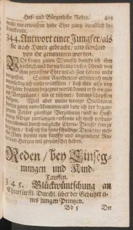Reden/ bey Einsegnungen und Kind-Tauffen. 345. - 388.