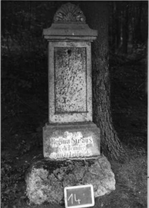 Grabstein 14 (Index: 100090866) Material: Sandstein Zustand: Schriftplatte fehlt Maße HxBxT: 143x39x23 cm Beschreibung: Stele, getreppt. Sockel, Abdeckplatte m. Aufsatz, Schriftplatte rechteckig Symbolik: Palmette: Grabstein 14