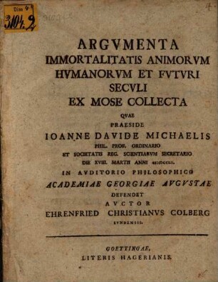 Argumenta immortalitatis animorum humanorum et futuri seculi ex Mose collecta