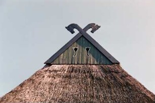 Lohe 19: traufständiges Bauernhaus aus Fachwerk mit Reetdach: Giebelseite Wohntrakt, Detailaufnahme: oben an Krüppelwalm Verbretterung, Eulenlöcher, Giebelzier Pferdeköpfe