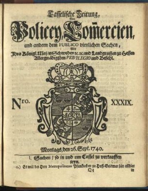 Nro. XXXIX, Montags, den 26. Sept. 1740