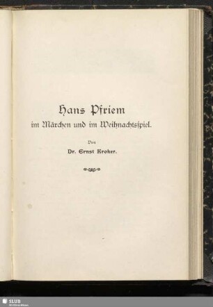 Hans Pfriem im Märchen und im Weihnachtsspiel
