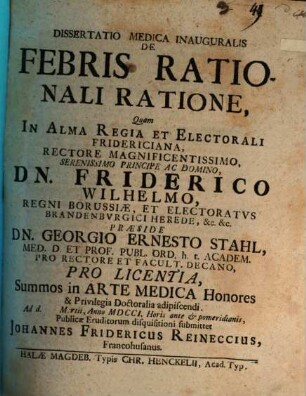 Dissertatio Medica Inauguralis De Febris Rationali Ratione