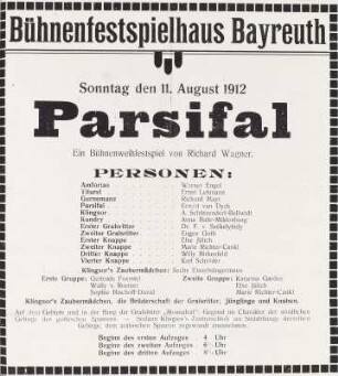 Theaterzettel zur Aufführung der Oper "Parsifal" von Richard Wagner. Bühnenfestspielhaus Bayreuth, 11.08.1912
