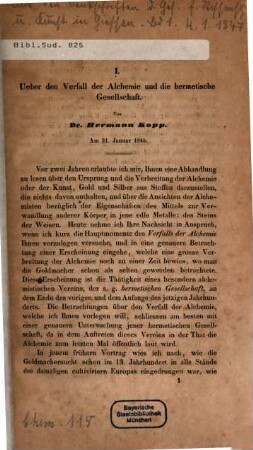 Ueber den Verfall der Alchemie und die hermetische Gesellschaft