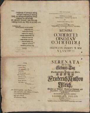 Serenata Auf den hohen Geburths-Tag Des Herrn Friederich Anthon Ulrich, Fürsten zu Waldeck/ ...