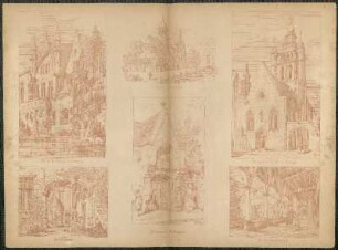 Reiseskizzen Belgien: Altes Rathaus in Brügge ; Kirche in Oudenarde ; Jerusalem-Kirche in Brügge ; Hof in Antwerpen ; Brunnen in Antwerpen ; Hof in Antwerpen