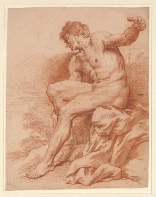 Vouet, Simon: Zeichnungen I, Blatt 50: Sitzende männliche Aktfigur nach links - BSB Cod.icon. 397 a(50