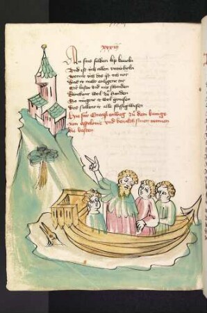 Eneas verläßt seine Burg zu Schiff und befiehlt ihre Verteidigung