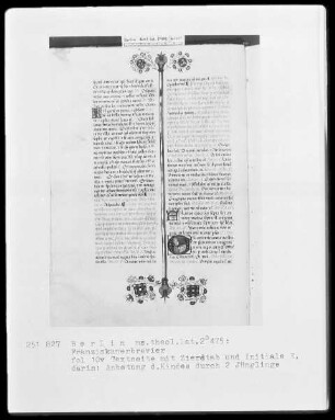 Franziskanisches Brevier — Initiale E, darin Anbetung des Kindes durch zwei Jünglinge, Folio 10verso