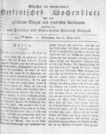 482stes Stück, Sonnabend den 28. März 1818