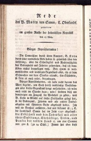Rede des B. Matty von Sanen, C. Oberlands, gehalten im großen Rathe, der helvetischen Republik den 23 May.