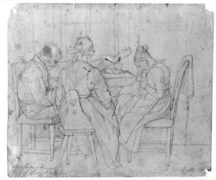 Die Familie Rietschel am Tisch : Rietschel, Ernst: Die Familie Rietschel am Tisch. Um 1822. Bleistift auf dunkelbeigefarbenem Velin; 17 x 19,9 cm. Privatbesitz, WVZ 32