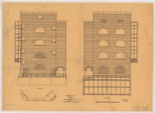 Fabrikgebäude Werdermühle, Breslau: Grundriss Sockel, Aufriss Ostseite, Westseite 1:50