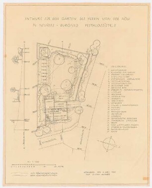 Gartenanlagen und Gärten Wohngebiet Burgfeld, Neviges: Garten des Herrn von der Höh, Pestalozzistr. 2: Grundriss mit Bepflanzungsplan 1:100