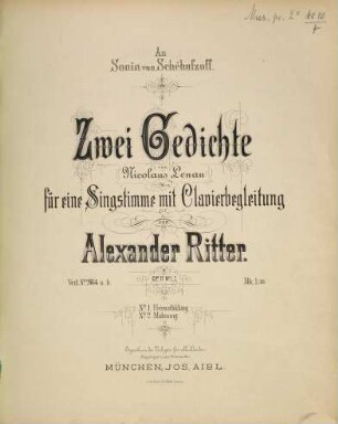 Zwei Gedichte : von Nicolaus Lenau ; für eine Singstimme mit Clavierbegleitung ; Op. 17 ; N.o 1. Heimthklang, N.o 2. Mahnung