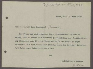 Schreiben von Kurt Hahn an Hermann Hummel; Artikel des Prinzen Max und Trauer über die Verhinderung einer Reise von Hermann Hummel nach Salem infolge des Kapp-Putsches