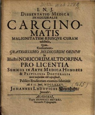 Dissertatio Medica Inauguralis Carcinomatis Malignitatem Ejusqve [Eiusque] Curam exhibens