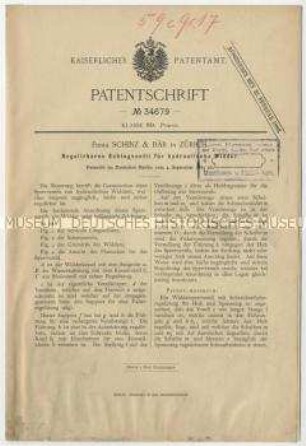 Patentschrift eines regulierbaren Schlagventils für hydraulische Widder, Patent-Nr. 34679