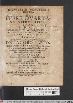 Disputatio Inauguralis Medica De Febre Quartana Intermittente
