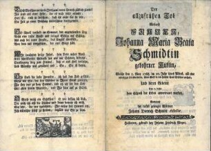 Gedicht zum Tod von Johanna Maria Beata Schmid, geb. Kübel, gestorben im 20. Lebensjahr am 5. Mai 1768 (gedruckt bei Johann Friedrich Mayer)