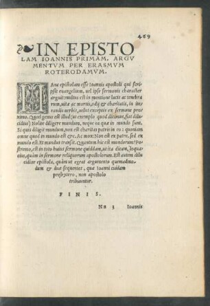 In Epistolam Ioannis Primam, Argumentum Per Erasmum Roterodamum.
