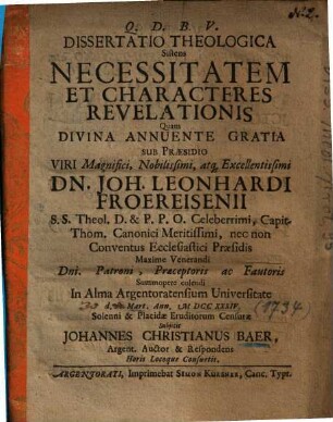 Dissertatio Theologica Sistens Necessitatem Et Characteres Revelationis