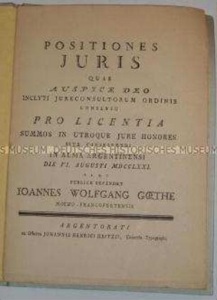Faksimiledruck der Dissertation von J. W. Goethe