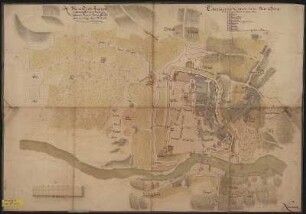Brandt, der Stadt und Vorstadt Görlitz, Handzeichnung, 1717 : Was mit Tusche Angeleget so Grau aussiehet, Bedeutet den Brandt, der Stadt und Vorstadt Görlitz welcher am 31ten July A. 1717 Entstanden / [gez. von] Naumann. - [S.l.] , 1717. - 1 Kt. : kolor. Handzeichng. , 73 x 51 cm