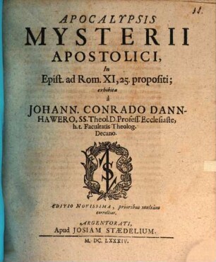Apocalypsis Mysterii Apostolici, In Epist. ad Rom. XI,25. propositi