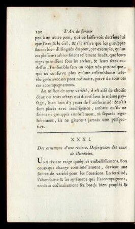 XXXI. Des ornemens d'une riviere. Description des eaux de Blenheim.