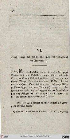 VI: Brief, über die verschiedene Art des Fischfangs in Aegypten