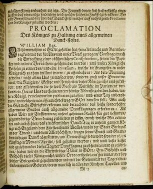 Proclamation Des Königes zu Haltung eines allgemeinen Danck-Festes.