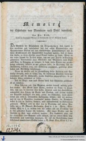 Memoire die Eisenbahn von Mannheim nach Basel betreffend