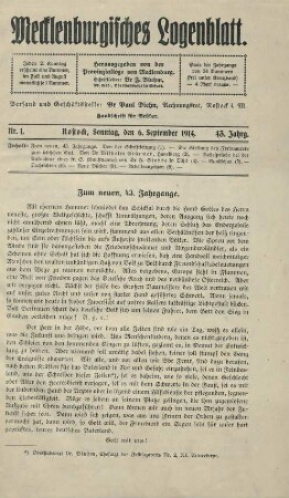 Nr. 1. Rostock, Sonntag, den 6. September 1914.