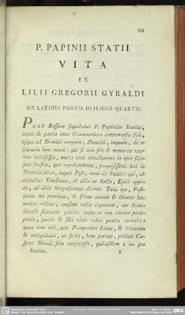 P. Papinii Statii Vita Ex Lilii Gregorii Gyraldi De Latinis Poetis Dialogo Quarto