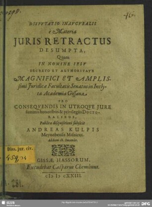 Disputatio inauguralis e materia juris retractus desumpta
