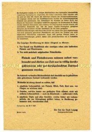 Flugblatt mit der Warnung des Stadtgesundheitsamtes des Rates der Stadt Leipzig vor dem Genuss von rohen oder halbrohen Fleisch- und Wurstwaren