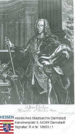 Karl III. König v. Spanien (1716-1788) / Porträt, vor Gebäudekulisse stehend, Kniestück, mit Bildlegende und Textblatt