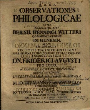 Observationes Philologicae Svper Clarissimi Viri Bernh. Henningi Witteri Commentatione In Genesin